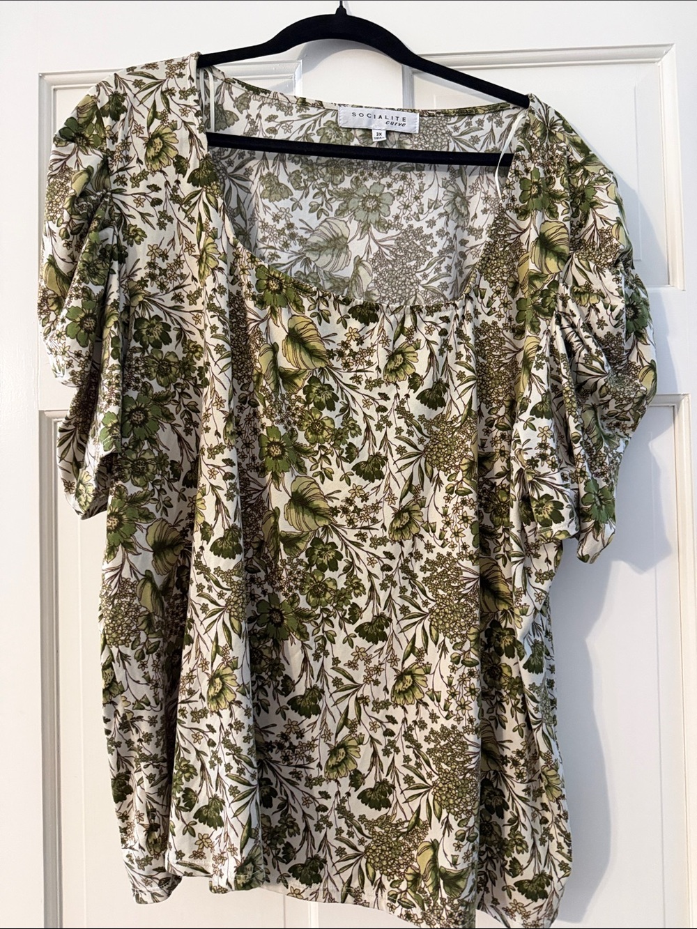 Socialite Cream and Olive Green Floral Puff-Sleeve Top
